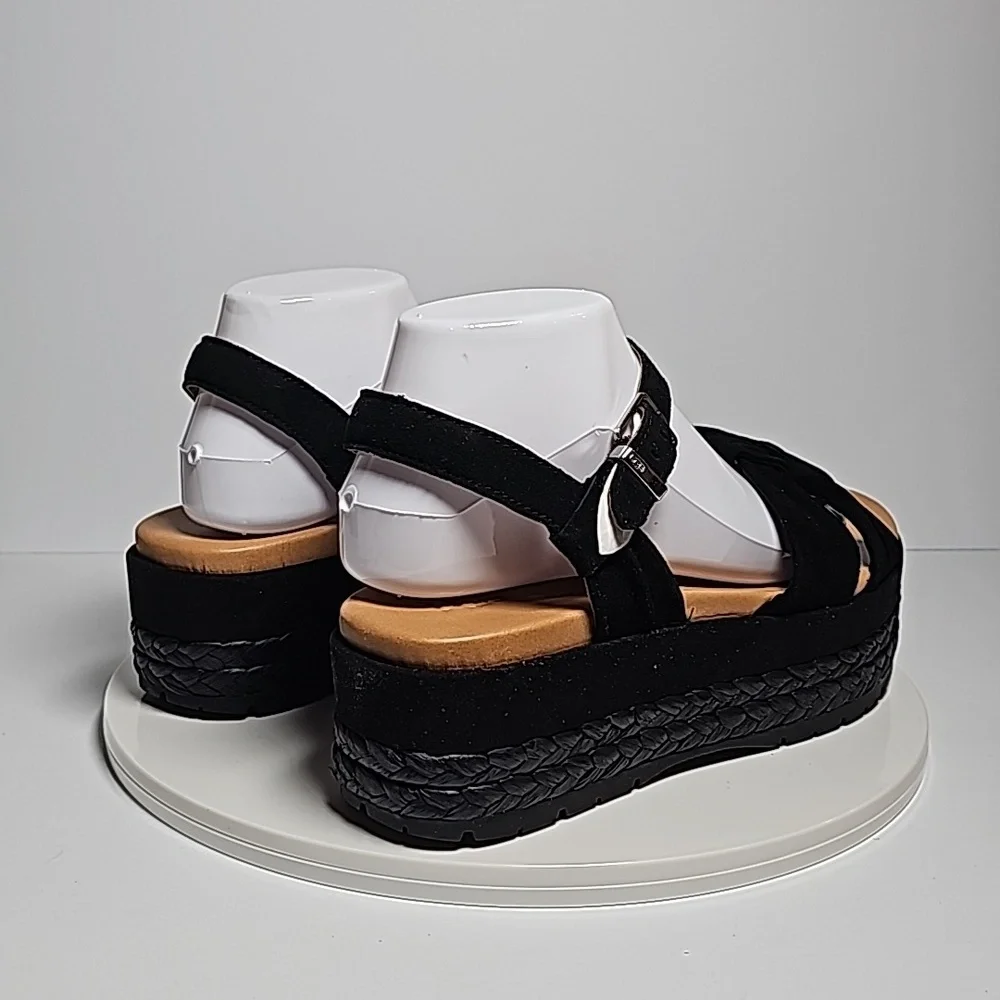 UGG Neusch Sandals Platforms Shoe Adjustable Strap Suede Leather Rafia Black 9